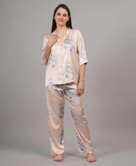 Velure Pleasant Floral Satin Print Night Suit - Velure, Shirt and Pant, Experience ultimate comfort with Velure's Pleasant Floral Print Satin Night Suit. Crafted from luxurious satin fabric, it showcases a stunning floral print and offers a full-sleeve shirt and full-length pants with an elastic waistband for optimal relaxation. Ideal for a peaceful night's rest or leisurely lounging.