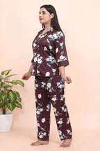 Velure Attractive Brown Floral Print Night Suit - Velure - - 3/4 Sleeves, Collar Neck, Front Button Open, Full Length Pant, Satin
