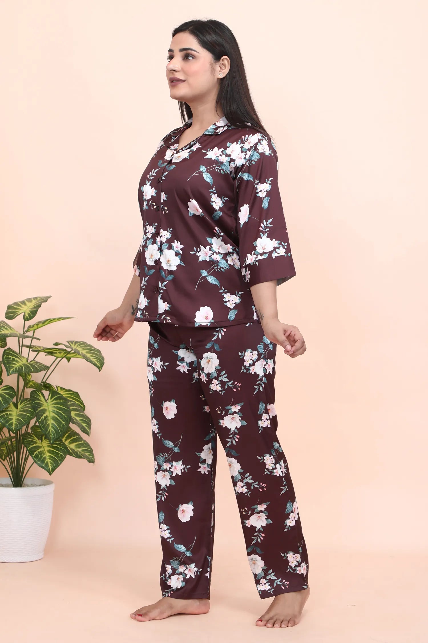 Velure Attractive Brown Floral Print Night Suit - Velure - - 3/4 Sleeves, Collar Neck, Front Button Open, Full Length Pant, Satin