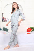 Velure Stunning Grey Floral Print Satin Night Suit