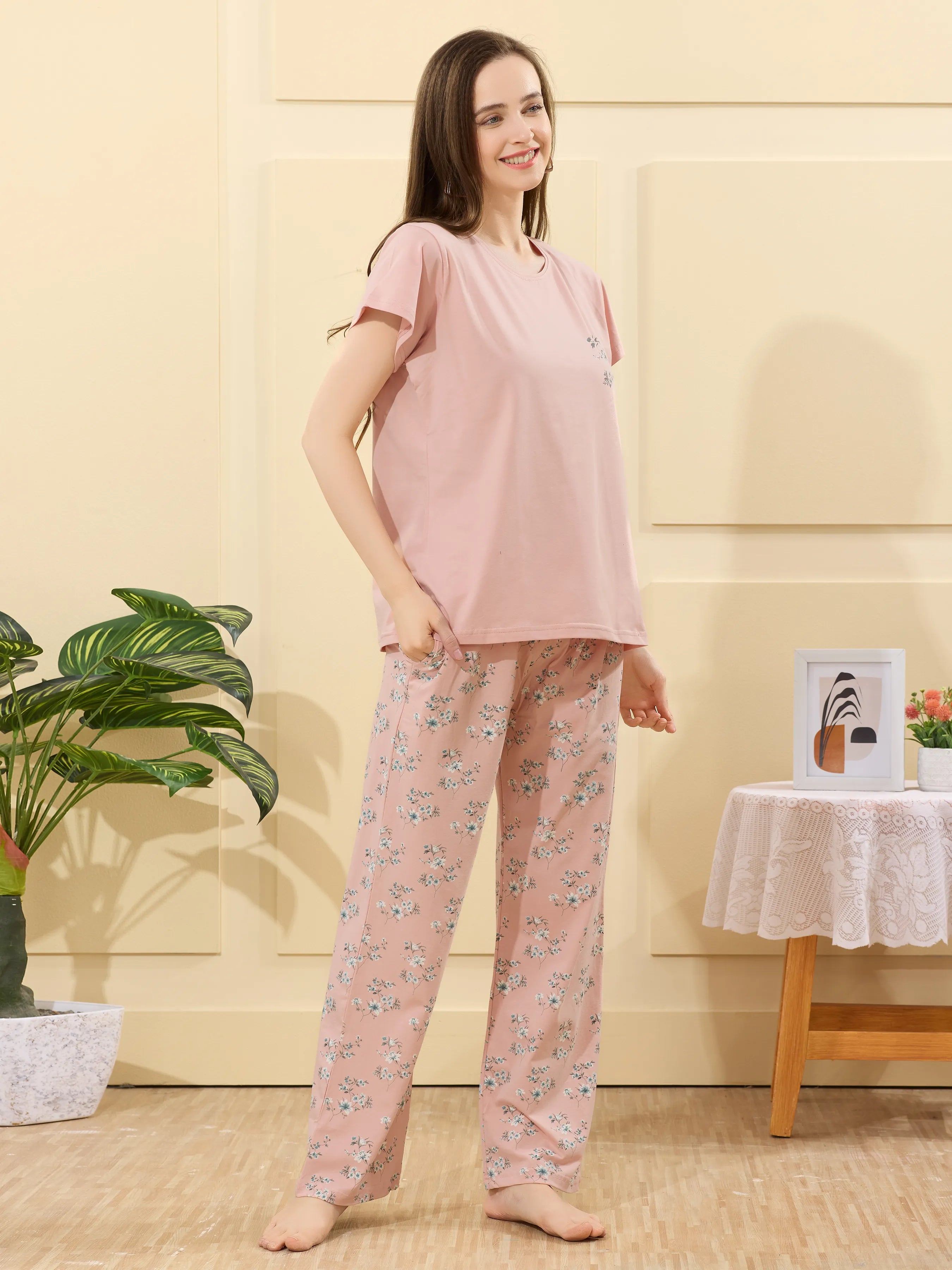 Velure Refreshing Floral Print Pajama Set - Velure - - Cotton Lycra Fabric, Full Length Pant, Half Sleeves, Round neck nightsuit