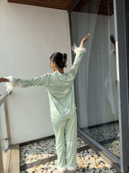 Velure Adorable Green Heart Printed Satin Fur Night Suit - Velure - Shirt and Pant - Detail-printedfur, Front Button Open, Full Length Pant, Fur, Satin
