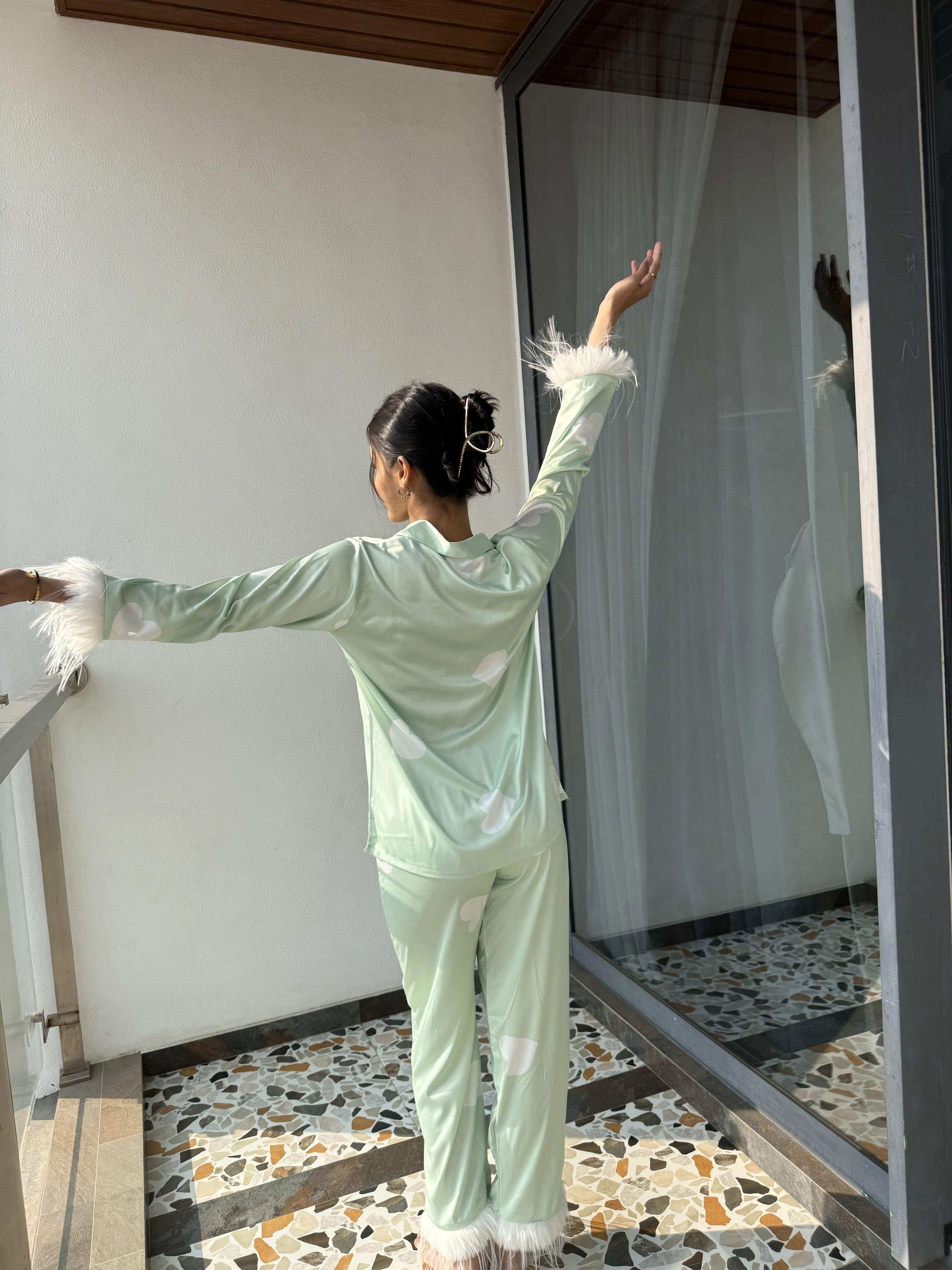 Velure Adorable Green Heart Printed Satin Fur Night Suit - Velure - Shirt and Pant - Detail-printedfur, Front Button Open, Full Length Pant, Fur, Satin