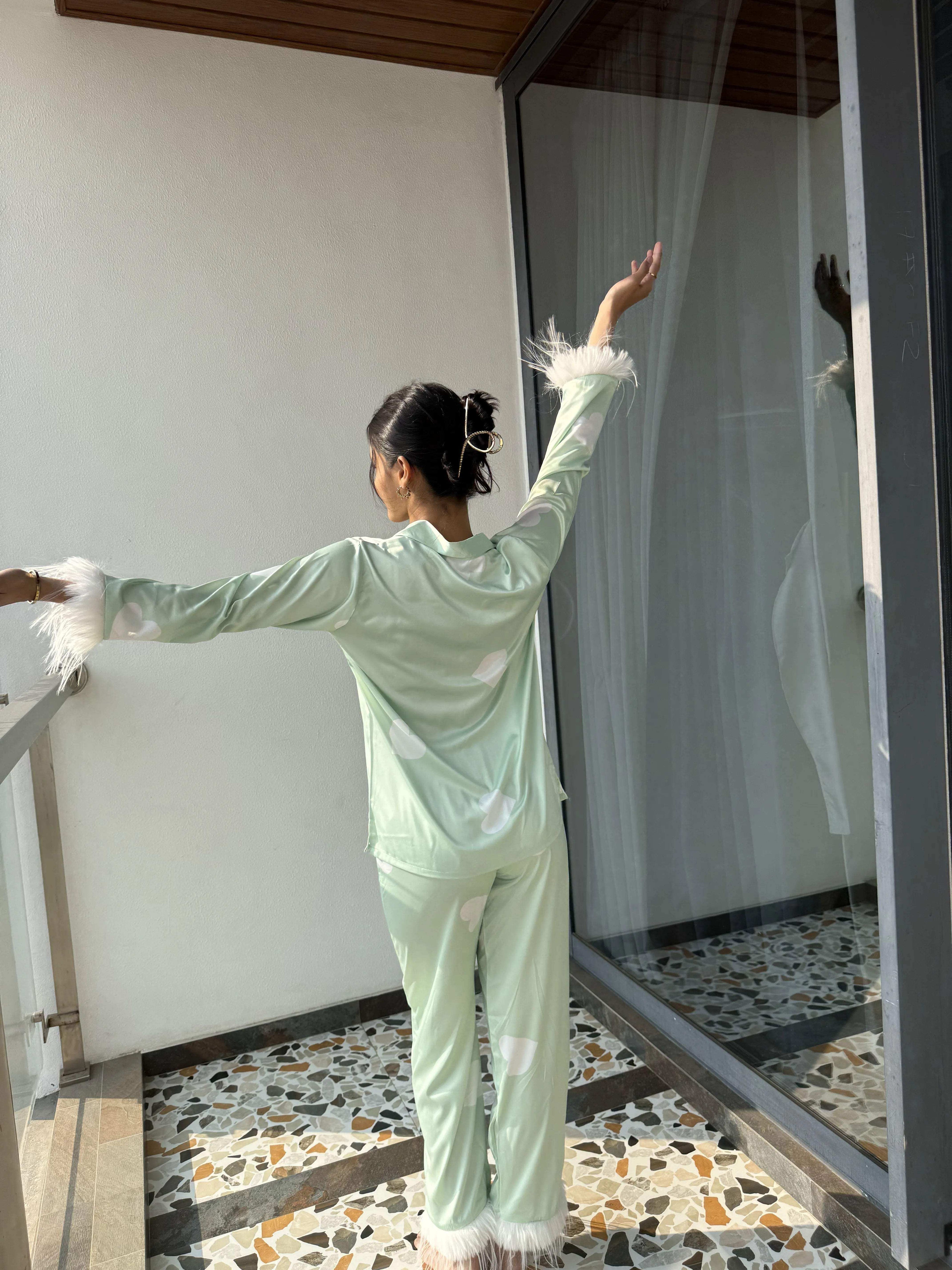 Velure Adorable Green Heart Printed Satin Fur Night Suit - Velure - Shirt and Pant - Detail-printedfur, Front Button Open, Full Length Pant, Fur, Satin