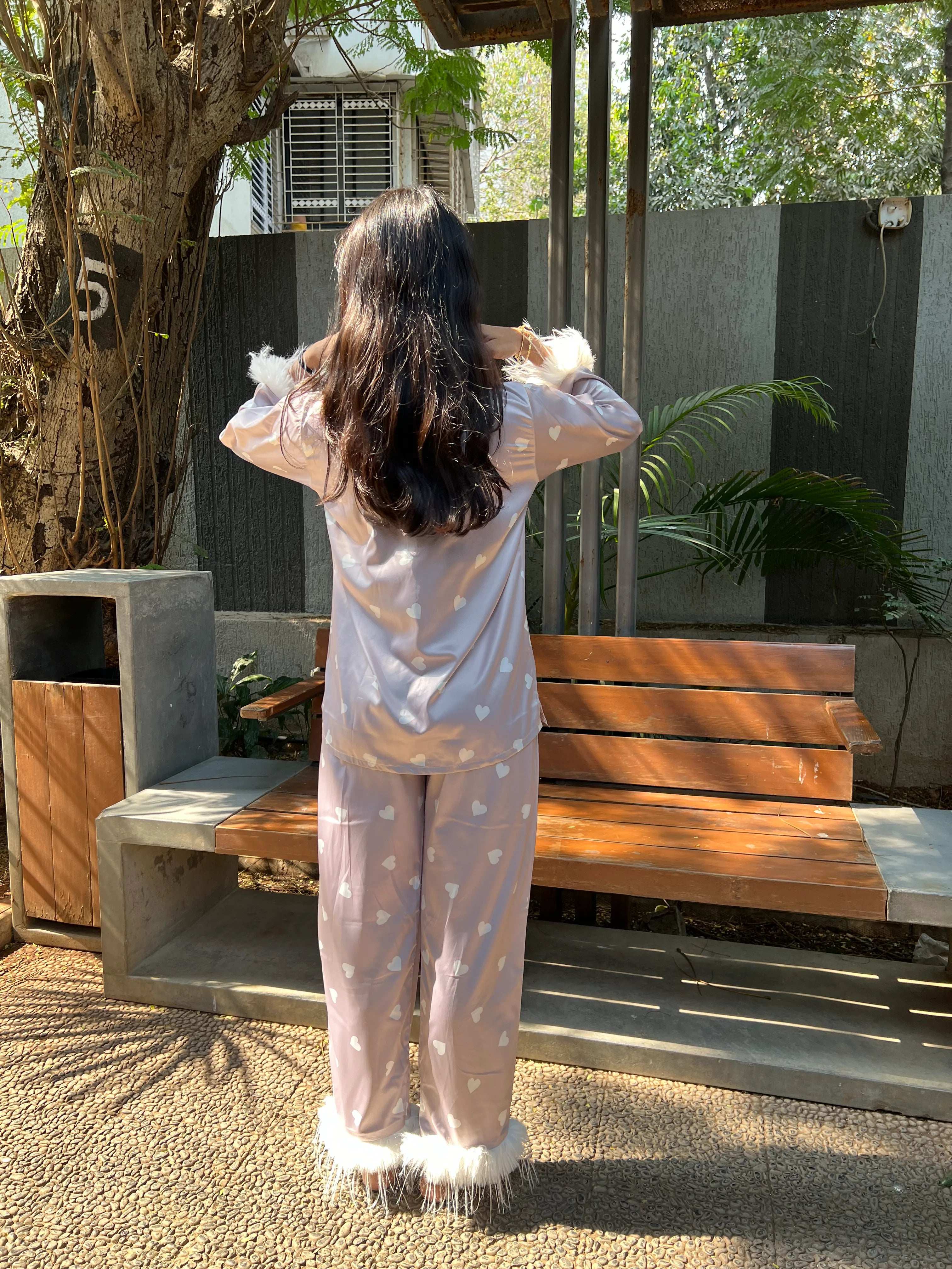 Velure Brown Heart Printed Fur Satin Night Suit - Velure - Shirt and Pant - Detail-printedfur, Front Button Open, Full Length Pant, Fur, Satin