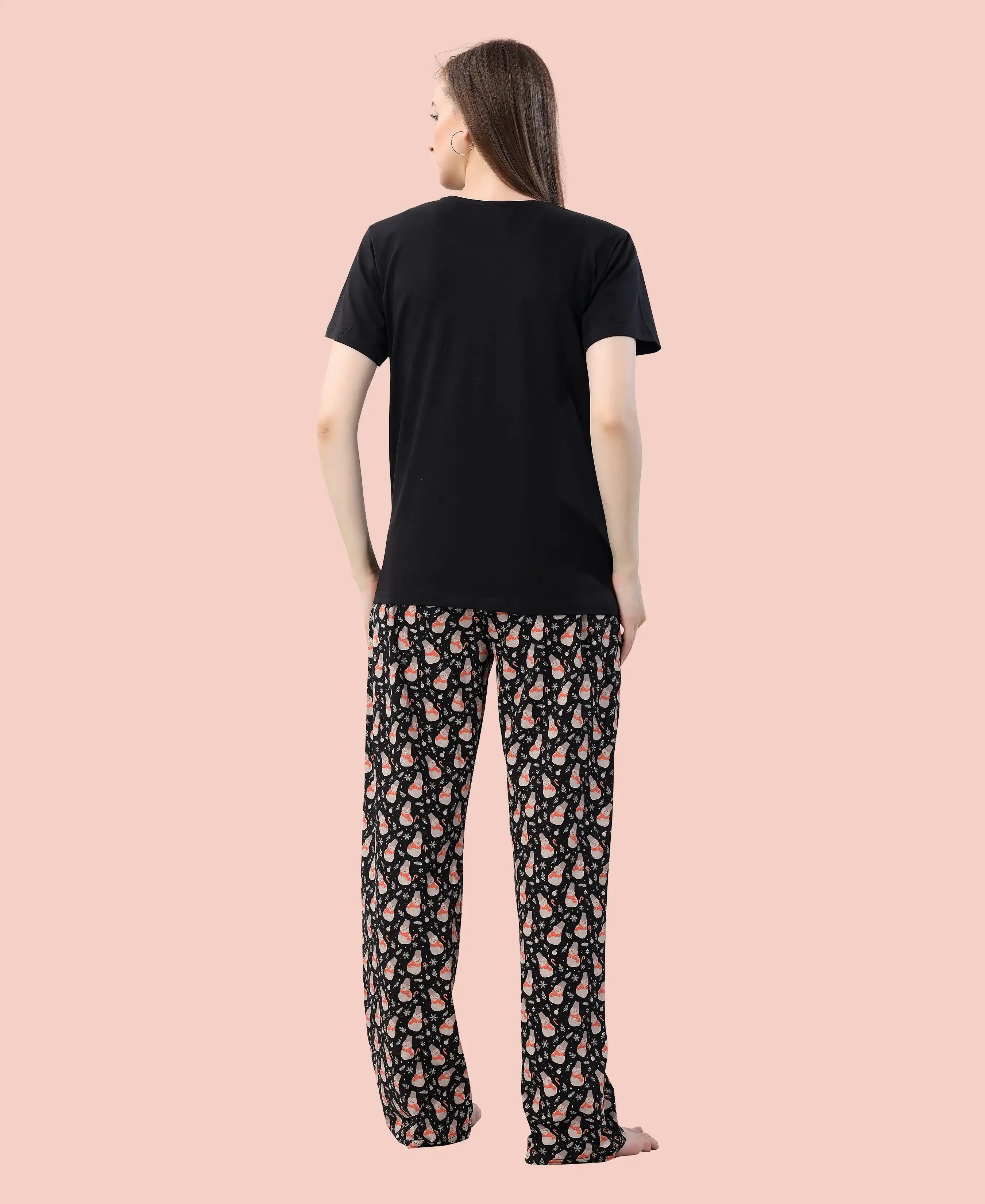 Velure Trendy Snowman Print Pajama Set - Velure - - Cotton Lycra Fabric, Full Length Pant, Half Sleeves, Round neck nightsuit