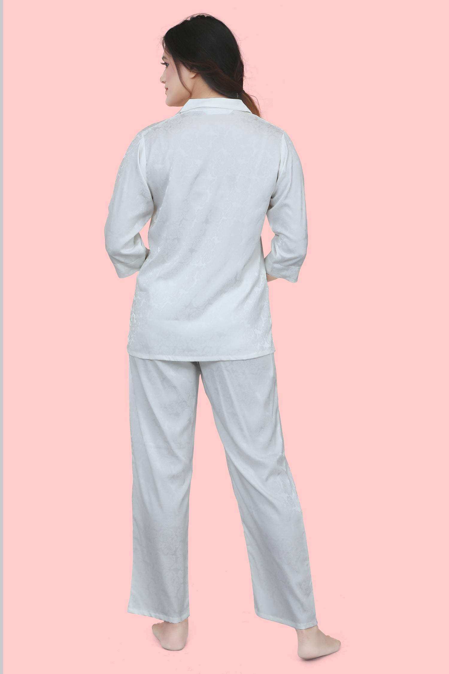 Velure Tunic Floral Print Satin Night Suit - Velure - - 3/4 Sleeves, Collar Neck, Front Button Open, Full Length Pant, Satin