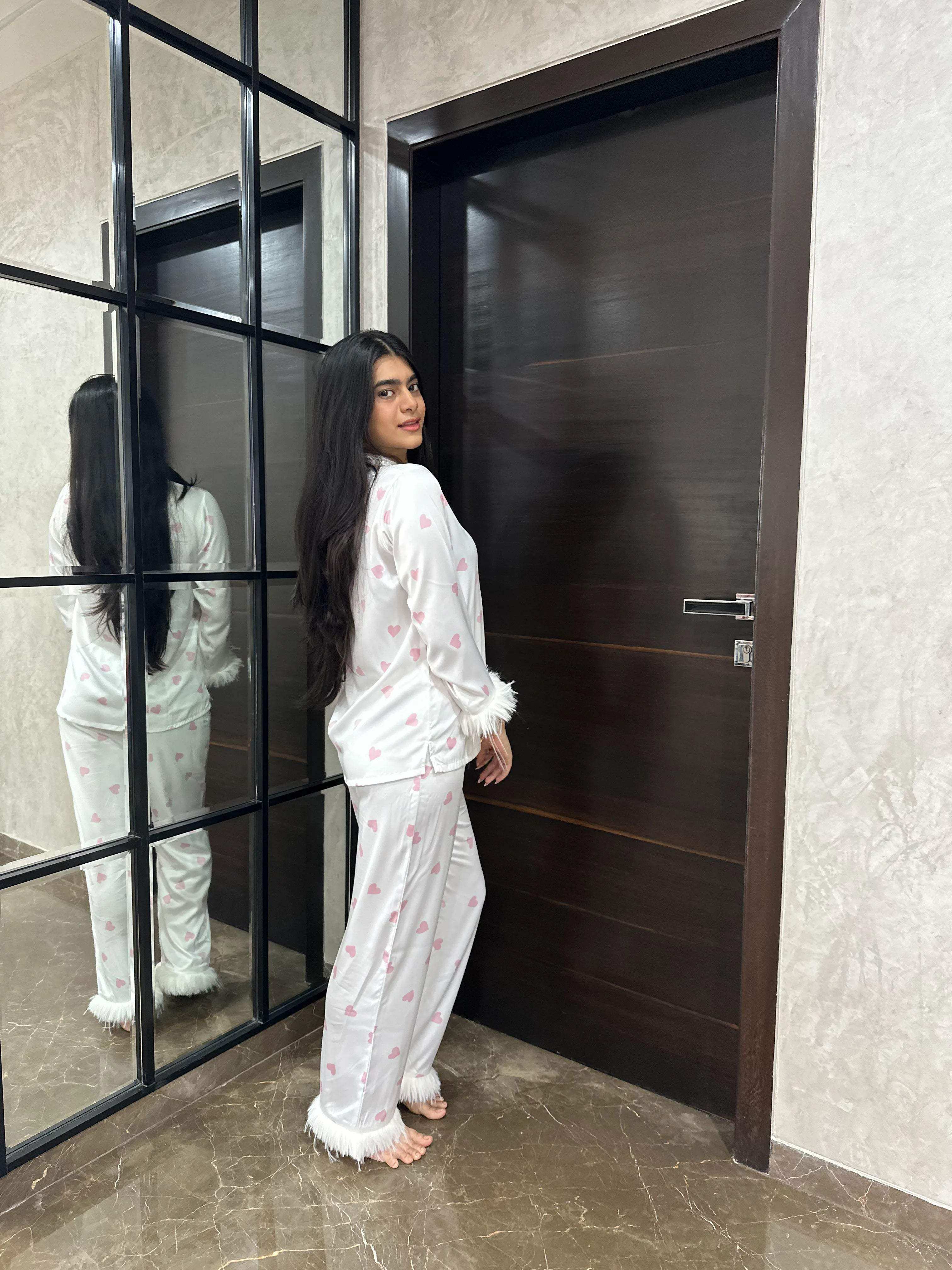 Velure Stylish Pink Heart Print Fur Night Suit - Velure - - Detail-printedfur, Front Button Open, Full Length Pant, Fur, Satin