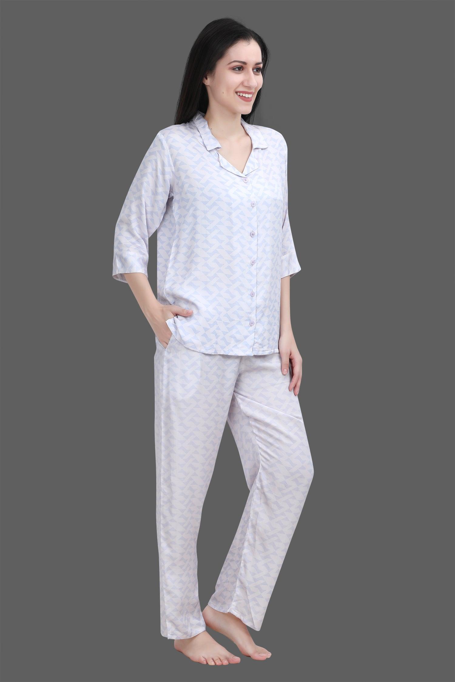 Velure Classic Geometric Print Night Suit - Velure - - 3/4 Sleeves, Abstract Print, Collar Neck, Cotton, Front Button Open, Full Length Pant