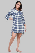 Velure Blue & White Checked Casual Short Night Shirt - Velure - - 3/4 Sleeves, Collar Neck, Cotton, Front Button Open