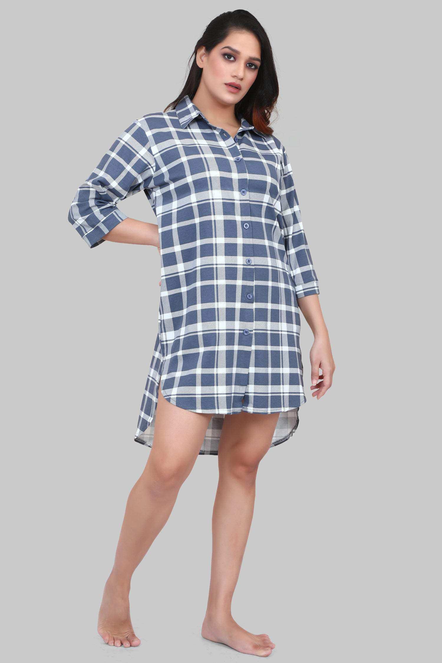 Velure Blue & White Checked Casual Short Night Shirt - Velure - - 3/4 Sleeves, Collar Neck, Cotton, Front Button Open