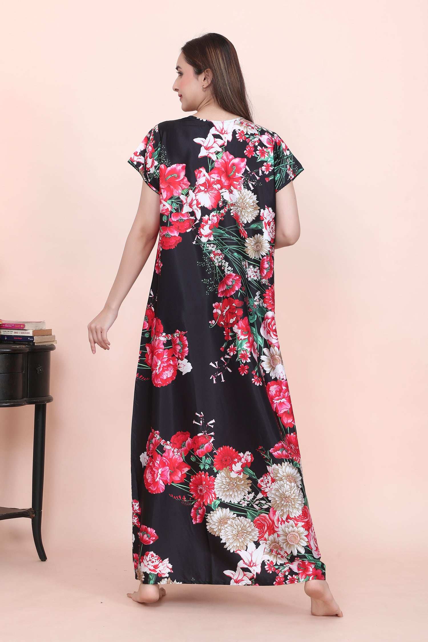 Velure Stunning Floral Print Satin Nighty - Velure - - Floral Print, Full Length Nighty, Half Sleeves Nighty