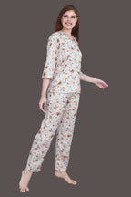 Velure Vintage Floral Print Satin Night Suit - Velure - - 3/4 Sleeves, Abstract Print, Collar Neck, Front Button Open, Full Length Pant, Satin