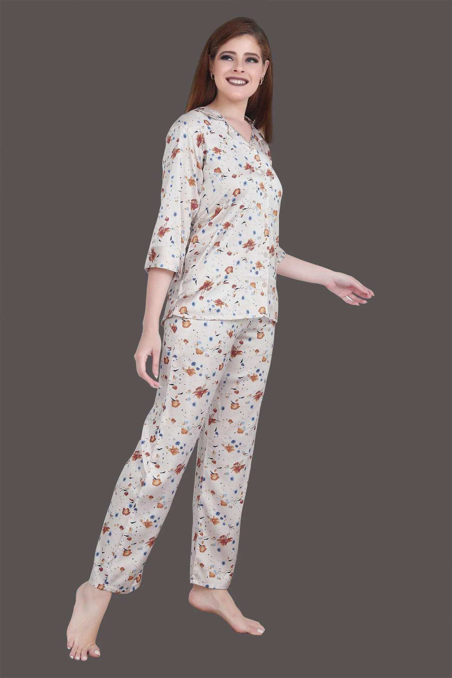 Velure Vintage Floral Print Satin Night Suit - Velure - - 3/4 Sleeves, Abstract Print, Collar Neck, Front Button Open, Full Length Pant, Satin