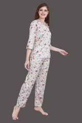 Velure Vintage Floral Print Satin Night Suit - Velure - Shirt and Pant - 3/4 Sleeves, Abstract Print, Collar Neck, Front Button Open, Full Length Pant, Satin