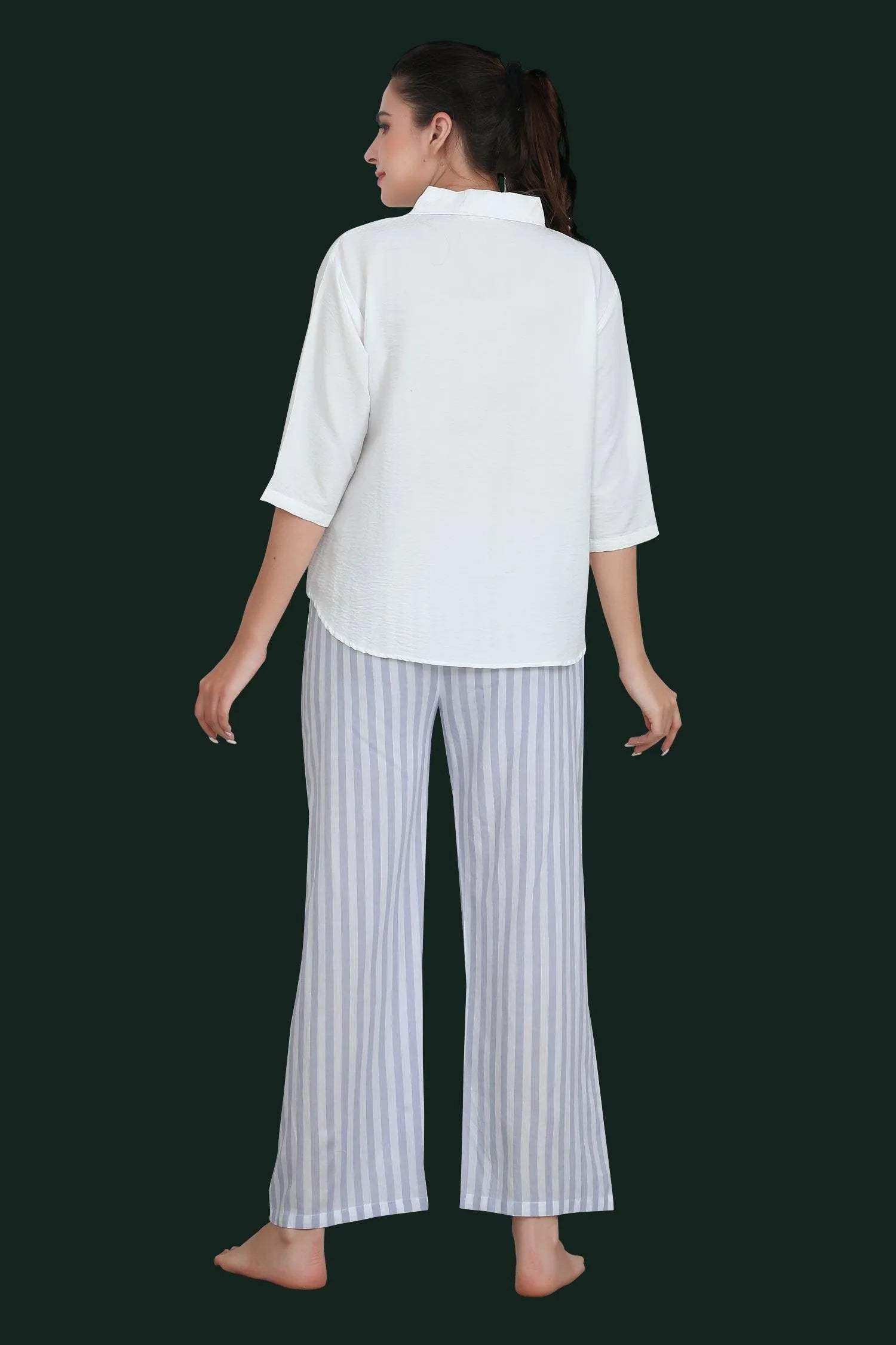 Velure Blue Stripes Casual Co-ord Set - Velure - - 3/4 Sleeves, Collar Neck, Cotton, Front Button Open, Full Length Pant, Stripes