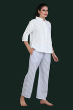 Velure Blue Stripes Casual Co-ord Set - Velure - - 3/4 Sleeves, Collar Neck, Cotton, Front Button Open, Full Length Pant, Stripes