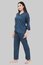 Velure Textured Intense Green Satin Night Suit - Velure - - 3/4 Sleeves, Collar Neck, Front Button Open, Full Length Pant, Satin