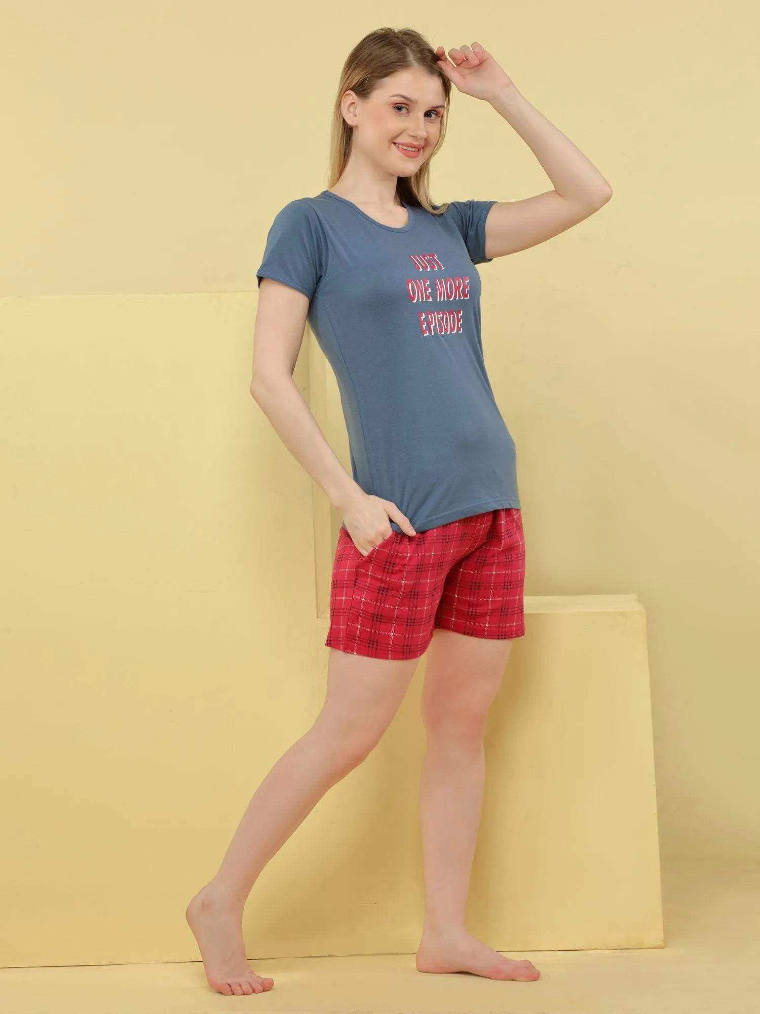 Just One More Episode Shorts Set - Velure - - Cotton, Half Sleeves, Printed, Round neck