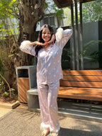 Velure Brown Heart Printed Fur Satin Night Suit - Velure - Shirt and Pant - Detail-printedfur, Front Button Open, Full Length Pant, Fur, Satin