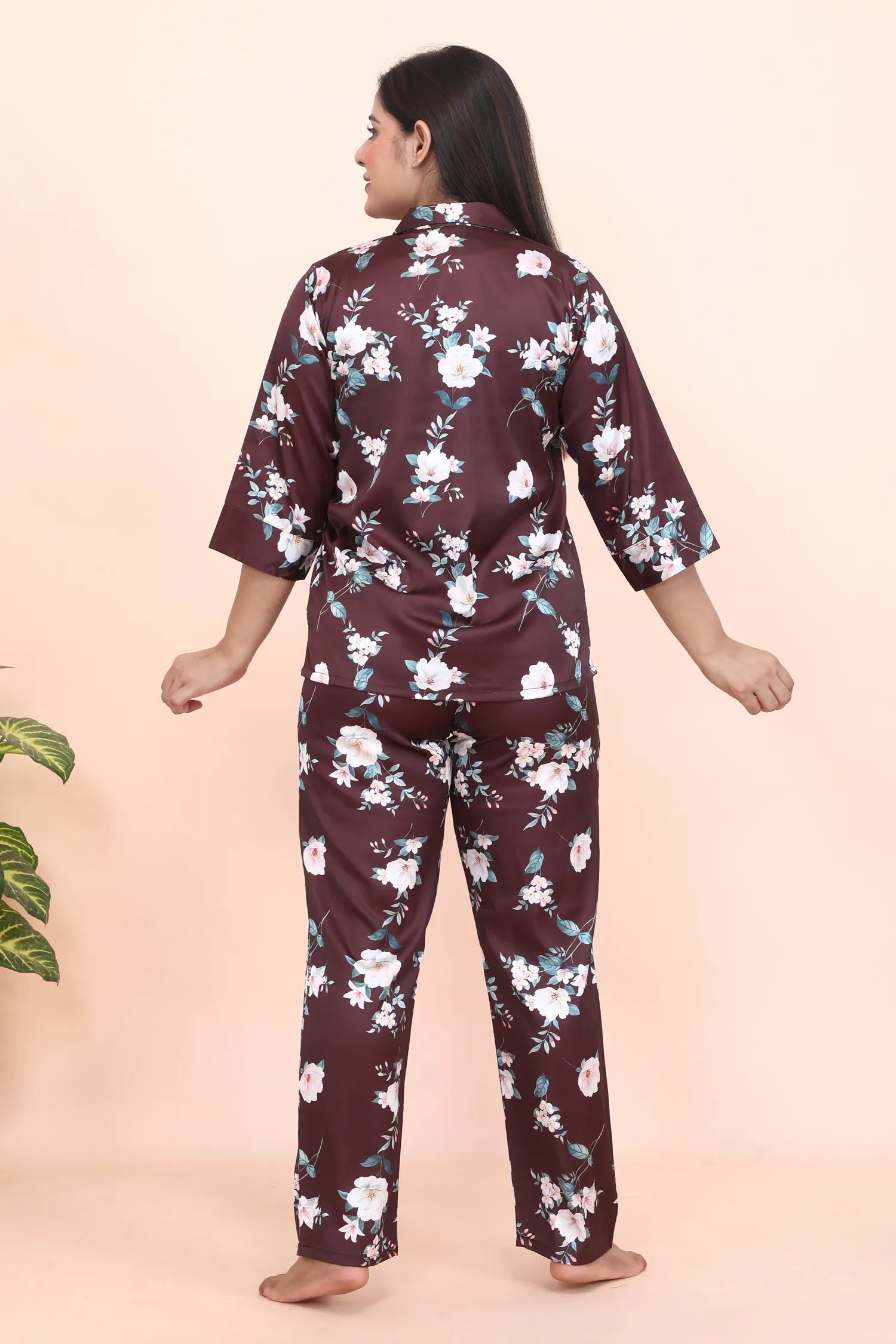 Velure Attractive Brown Floral Print Night Suit - Velure - - 3/4 Sleeves, Collar Neck, Front Button Open, Full Length Pant, Satin