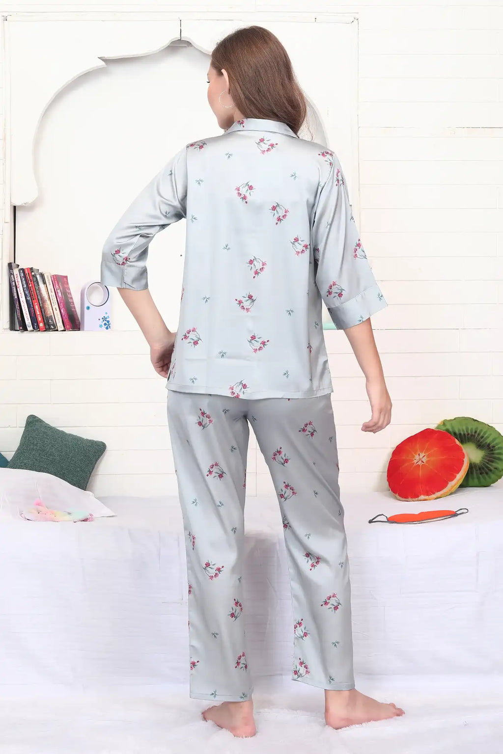 Velure Stunning Grey Floral Print Satin Night Suit