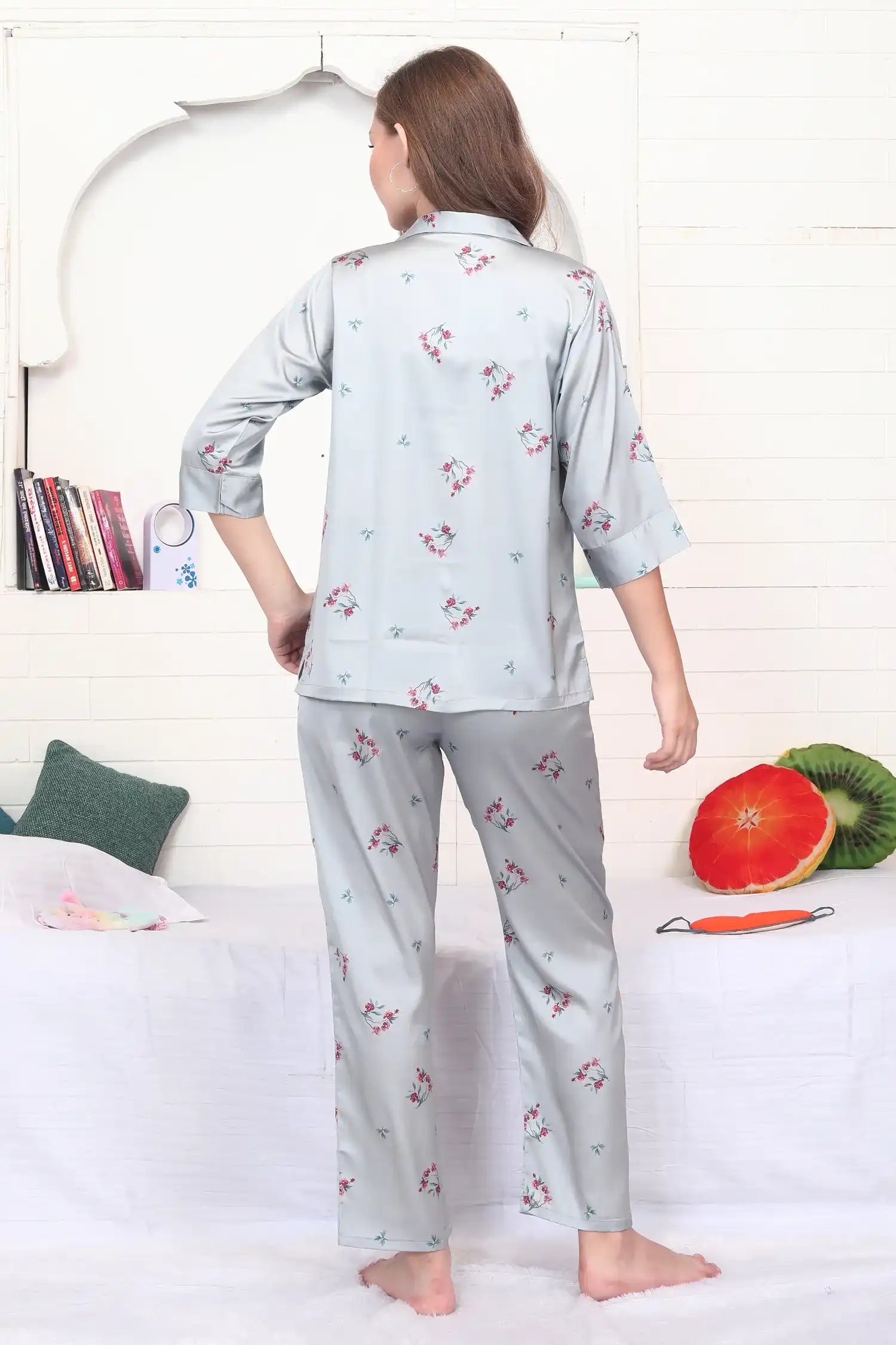 Velure Stunning Grey Floral Print Satin Night Suit