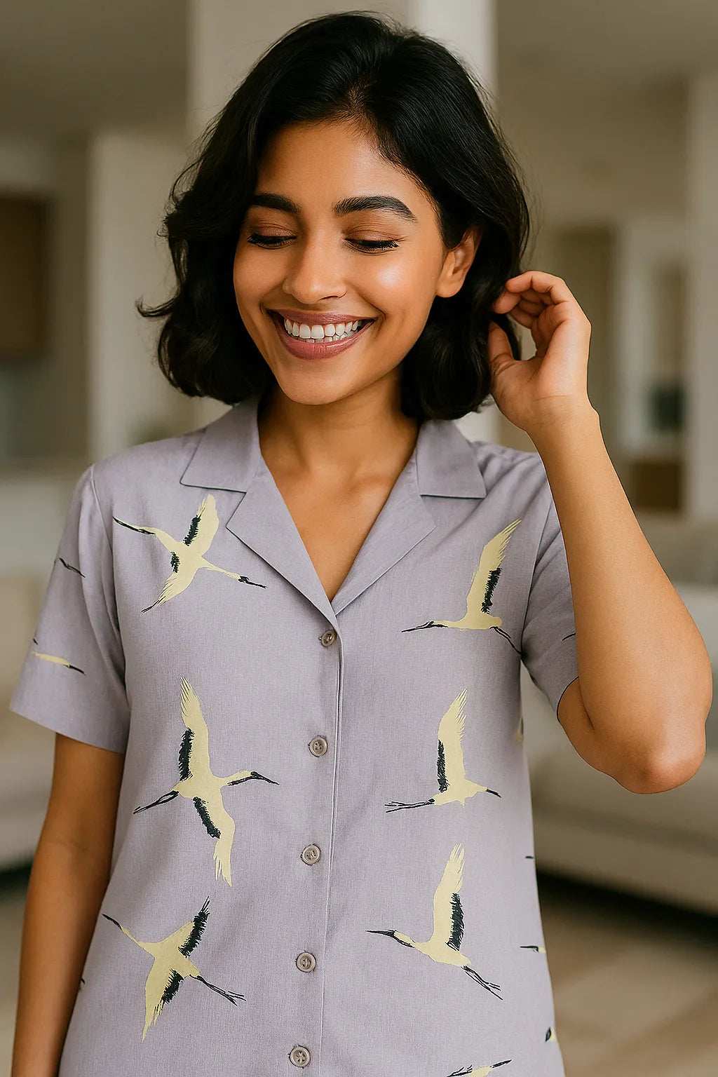 Velure Blue Swan Cotton Night Suit - Velure - - 3/4 Sleeves, Collar Neck, Cotton, Front Button Open, Full Length Pant