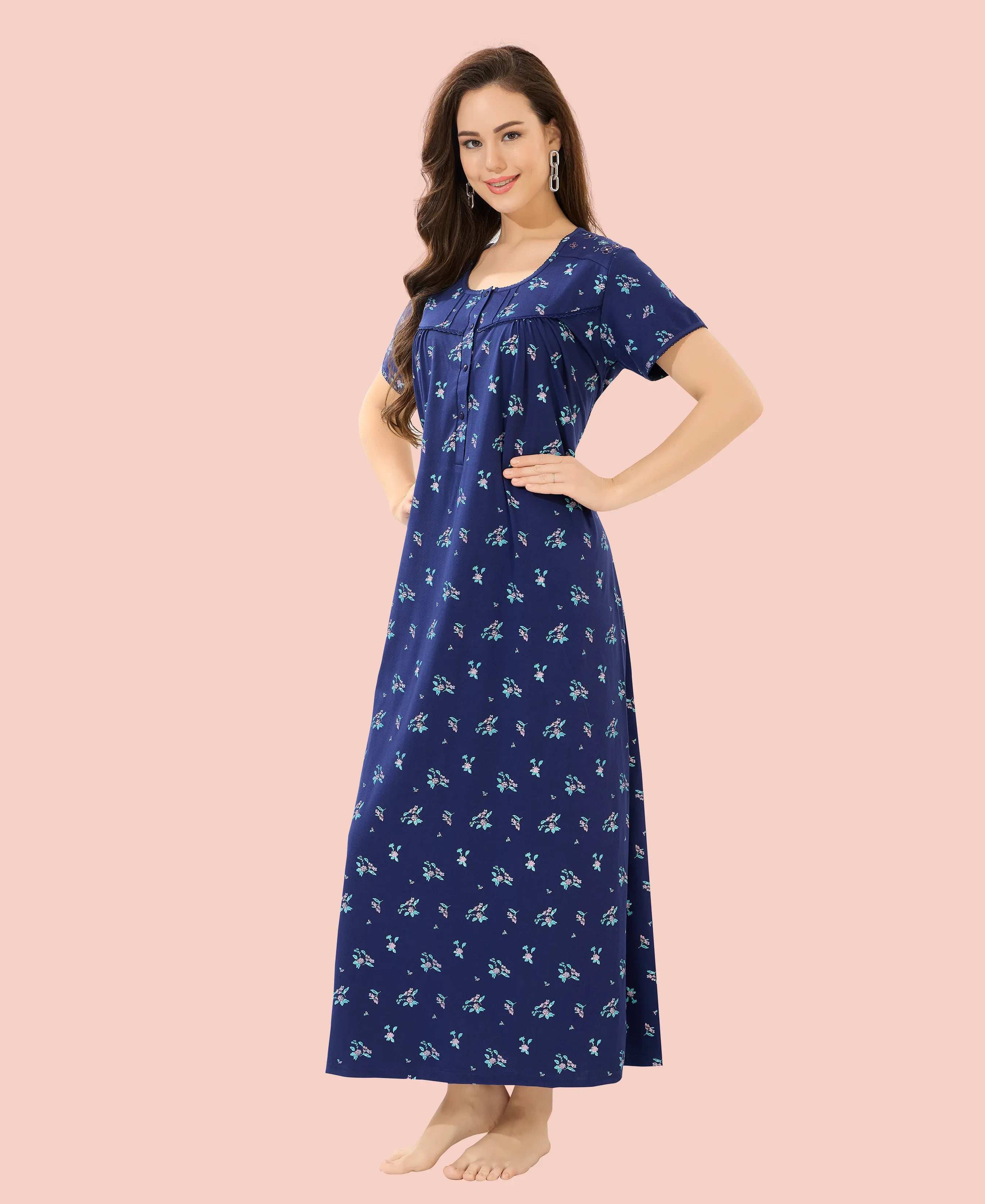 Velure Floral Print Hosiery Nighty - Velure - Nighty - Floral Print, Full Length Nighty, Half Sleeves Nighty, Hosiery Cotton