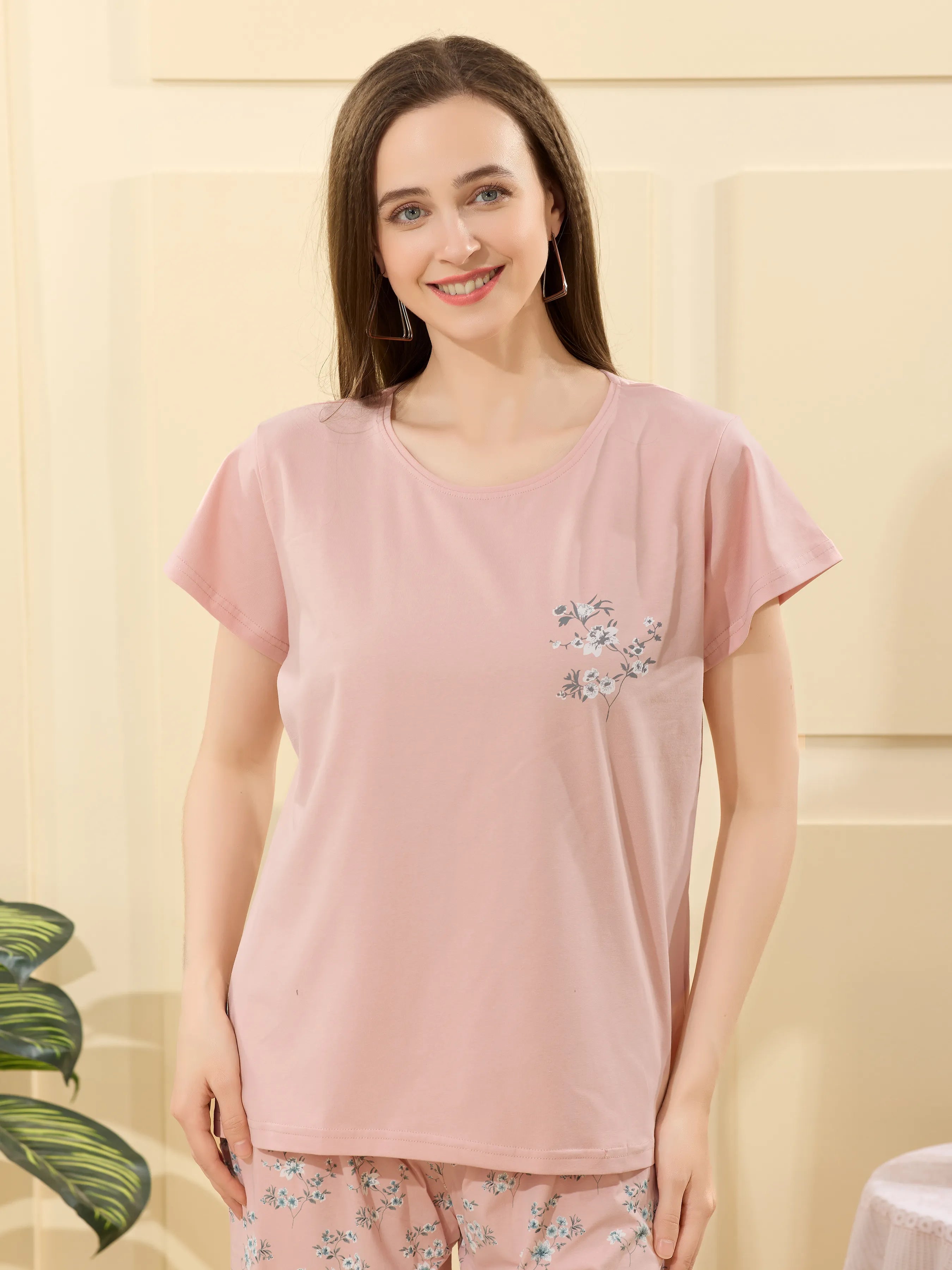 Velure Refreshing Floral Print Pajama Set - Velure - - Cotton Lycra Fabric, Full Length Pant, Half Sleeves, Round neck nightsuit