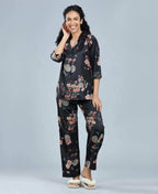 Velure Black Floral Satin Print Night Suit - Velure - - 3/4 Sleeves, Collar Neck, Floral Print, Front Button Open, Full Length Pant, Satin