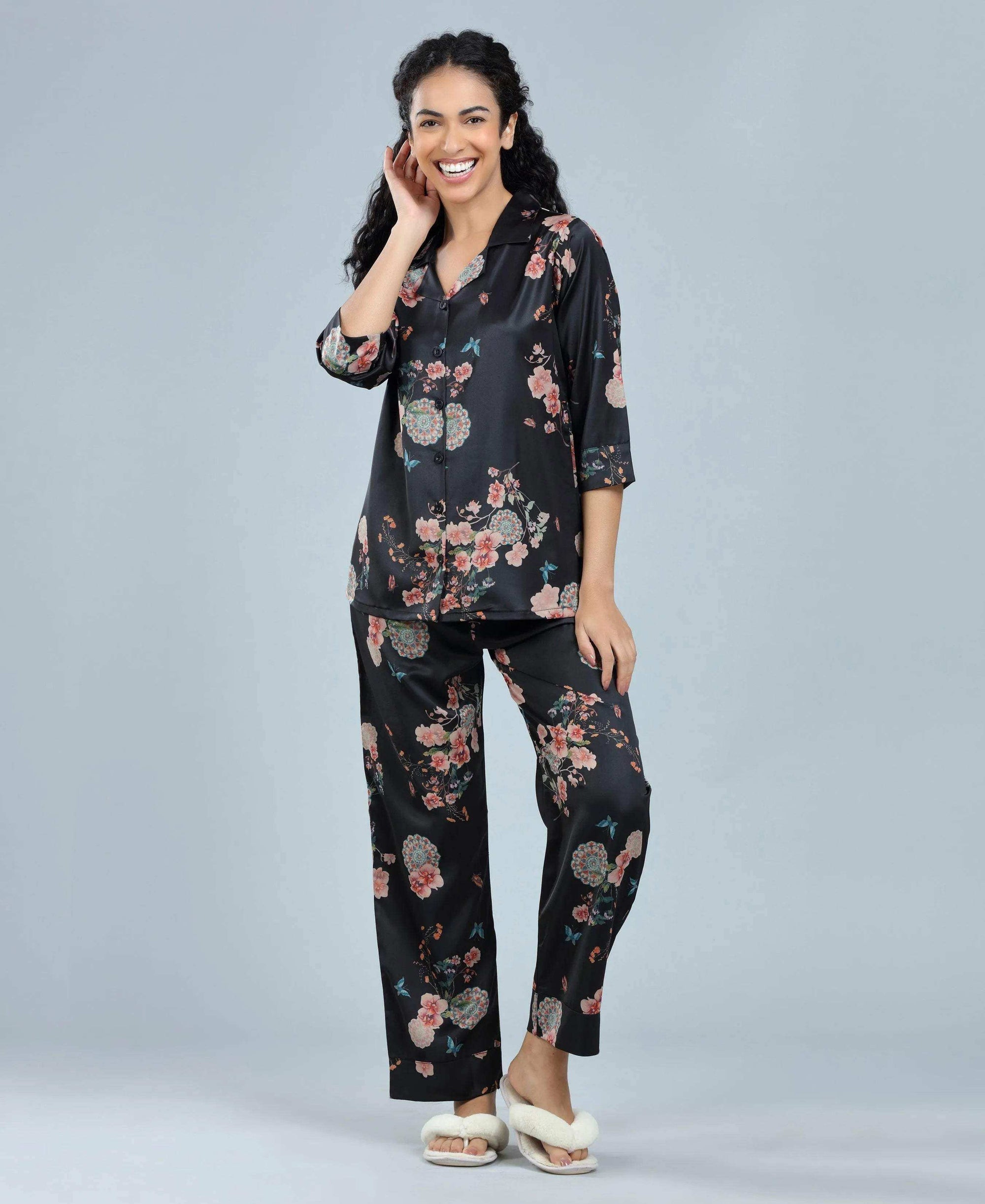Velure Black Floral Satin Print Night Suit - Velure - - 3/4 Sleeves, Collar Neck, Floral Print, Front Button Open, Full Length Pant, Satin