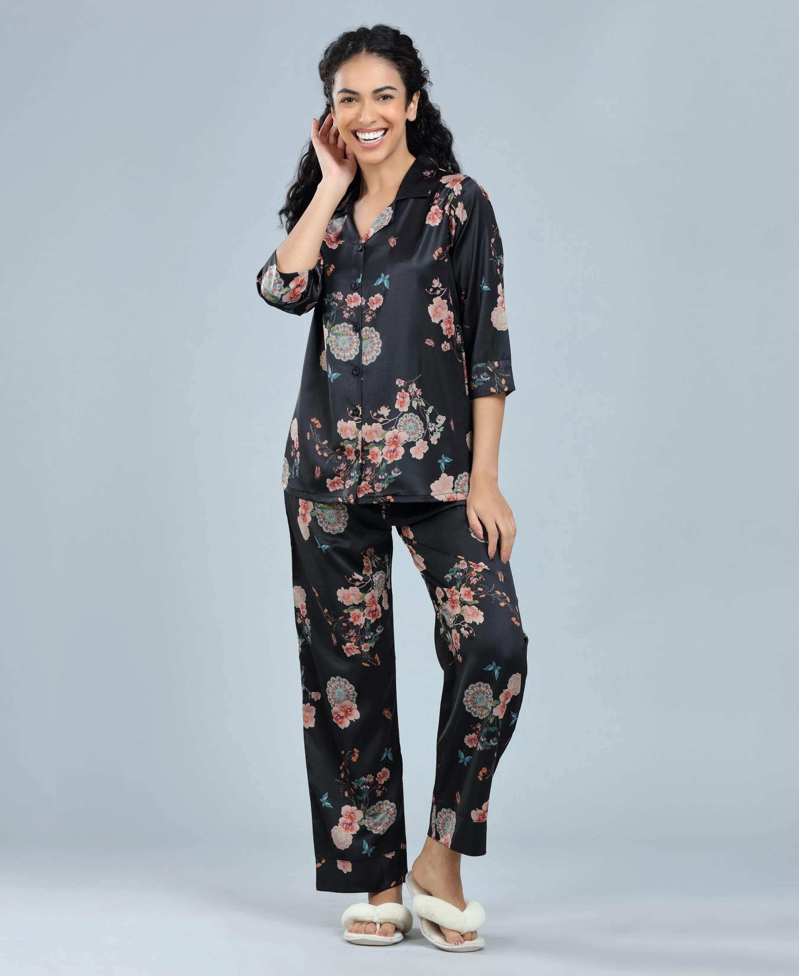 Velure Black Floral Satin Print Night Suit - Velure - - 3/4 Sleeves, Collar Neck, Floral Print, Front Button Open, Full Length Pant, Satin
