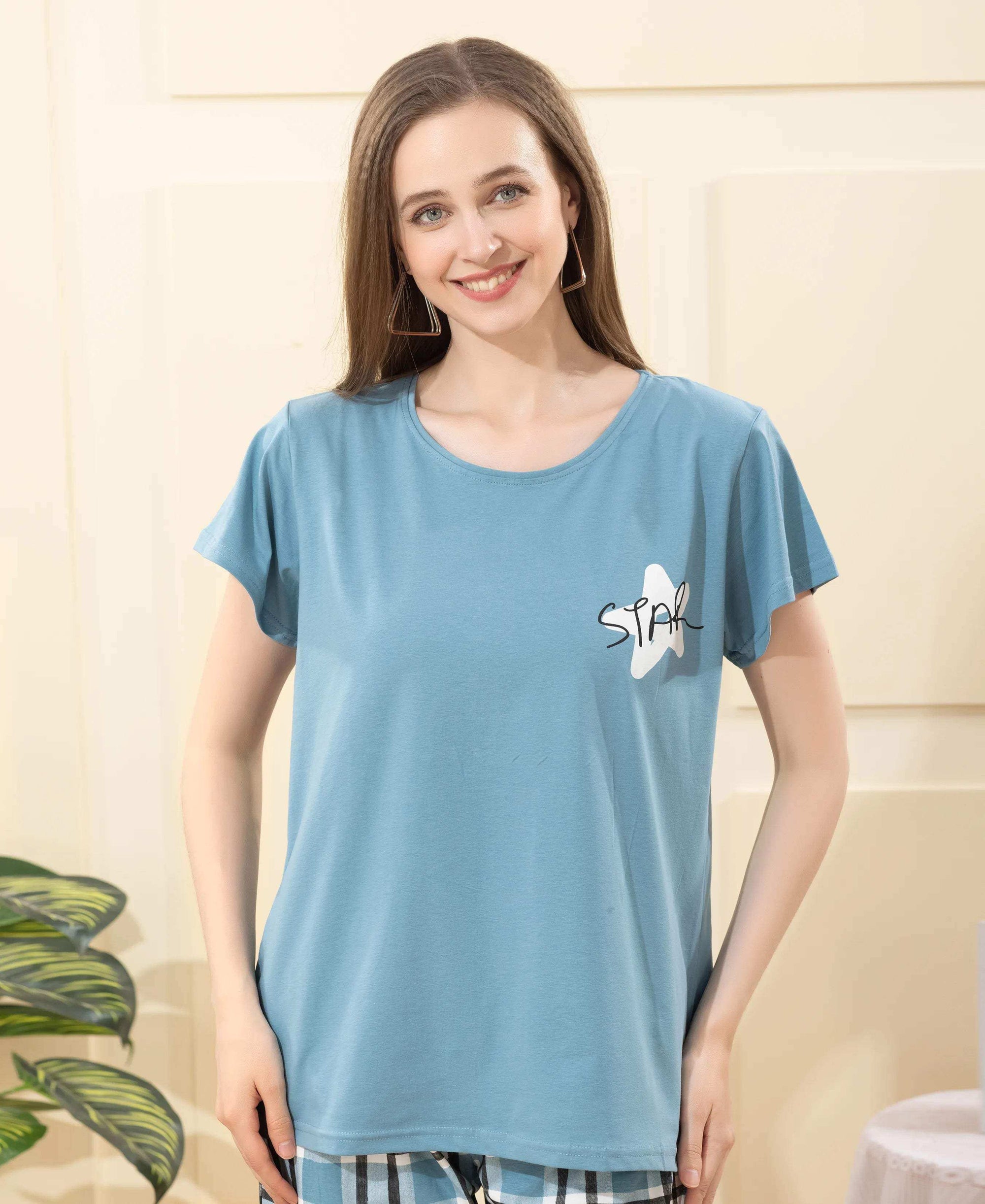 Velure Luxurious Printed Pajama Set - Velure - - Cotton Lycra Fabric, Full Length Pant, Half Sleeves, Round neck nightsuit