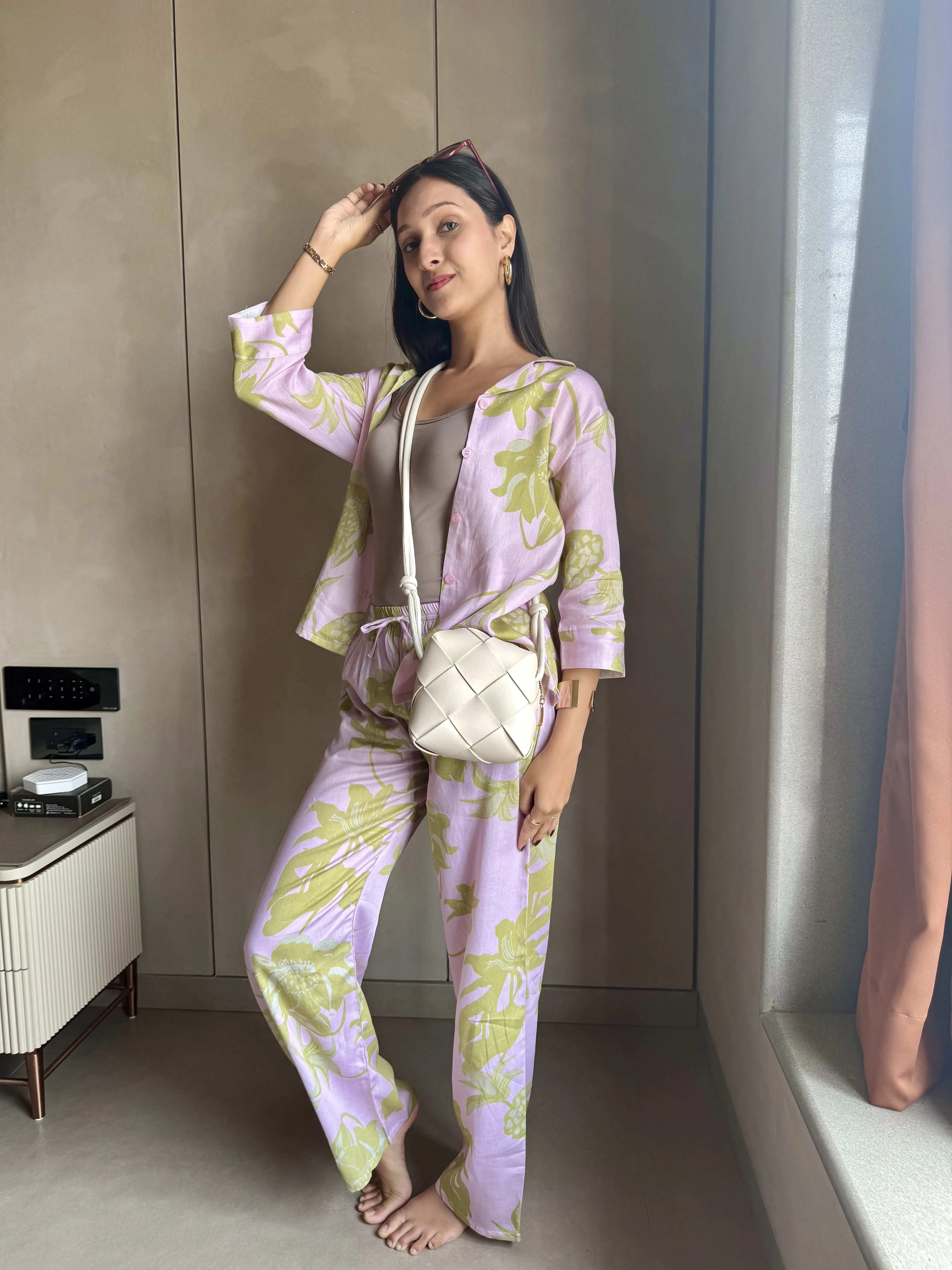 Velure Charming Floral Cotton Night Suit - Velure - - 3/4 Sleeves, Collar Neck, Cotton, Floral Print, Front Button Open, Full Length Pant