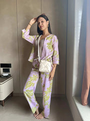 Velure Charming Floral Cotton Night Suit - Velure - - 3/4 Sleeves, Collar Neck, Cotton, Floral Print, Front Button Open, Full Length Pant