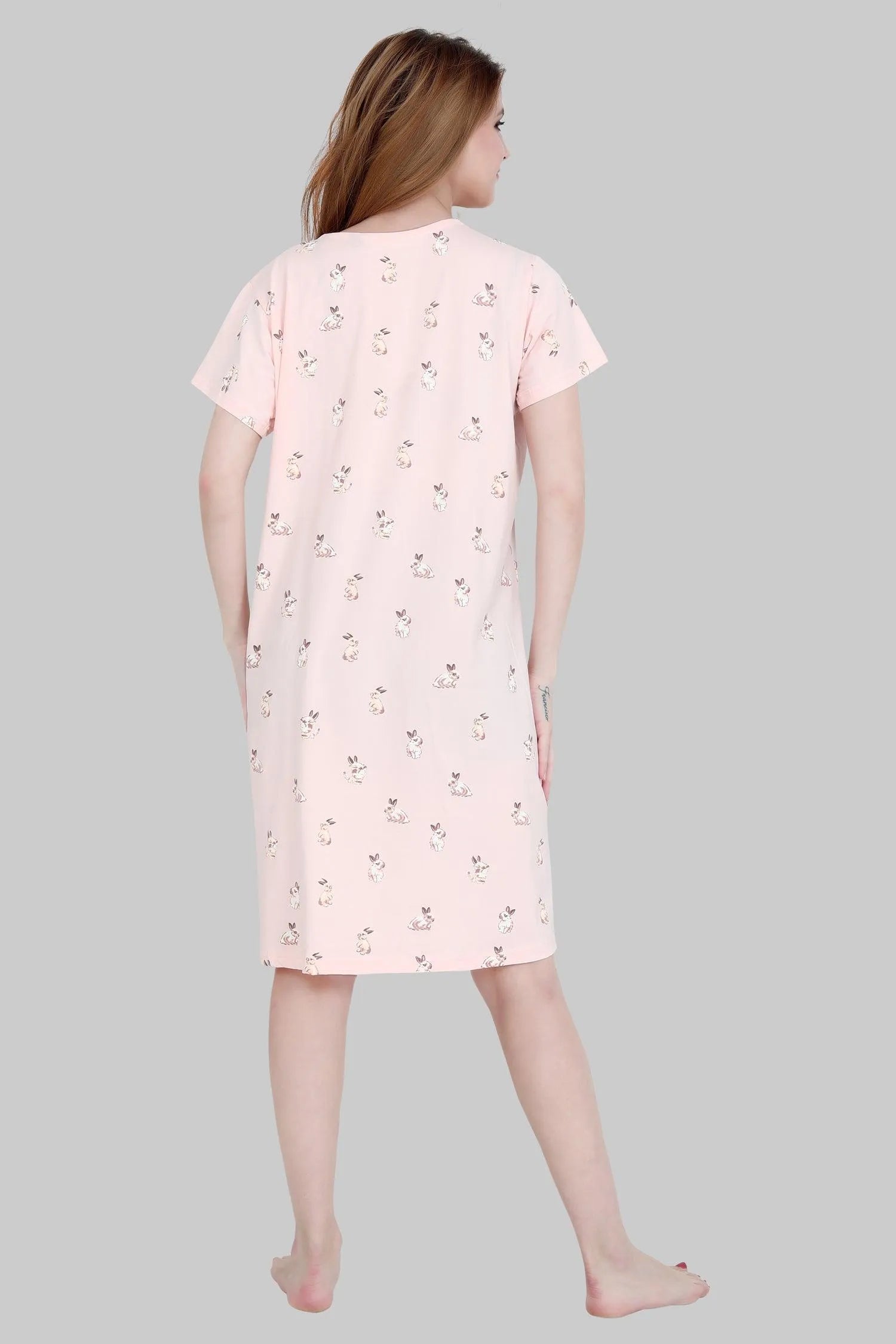 Velure Cartoon Bunny Print Short Nighty - Velure - Short Nighty - Cotton, Half Sleeves, Knee Length, Printed, Round neck