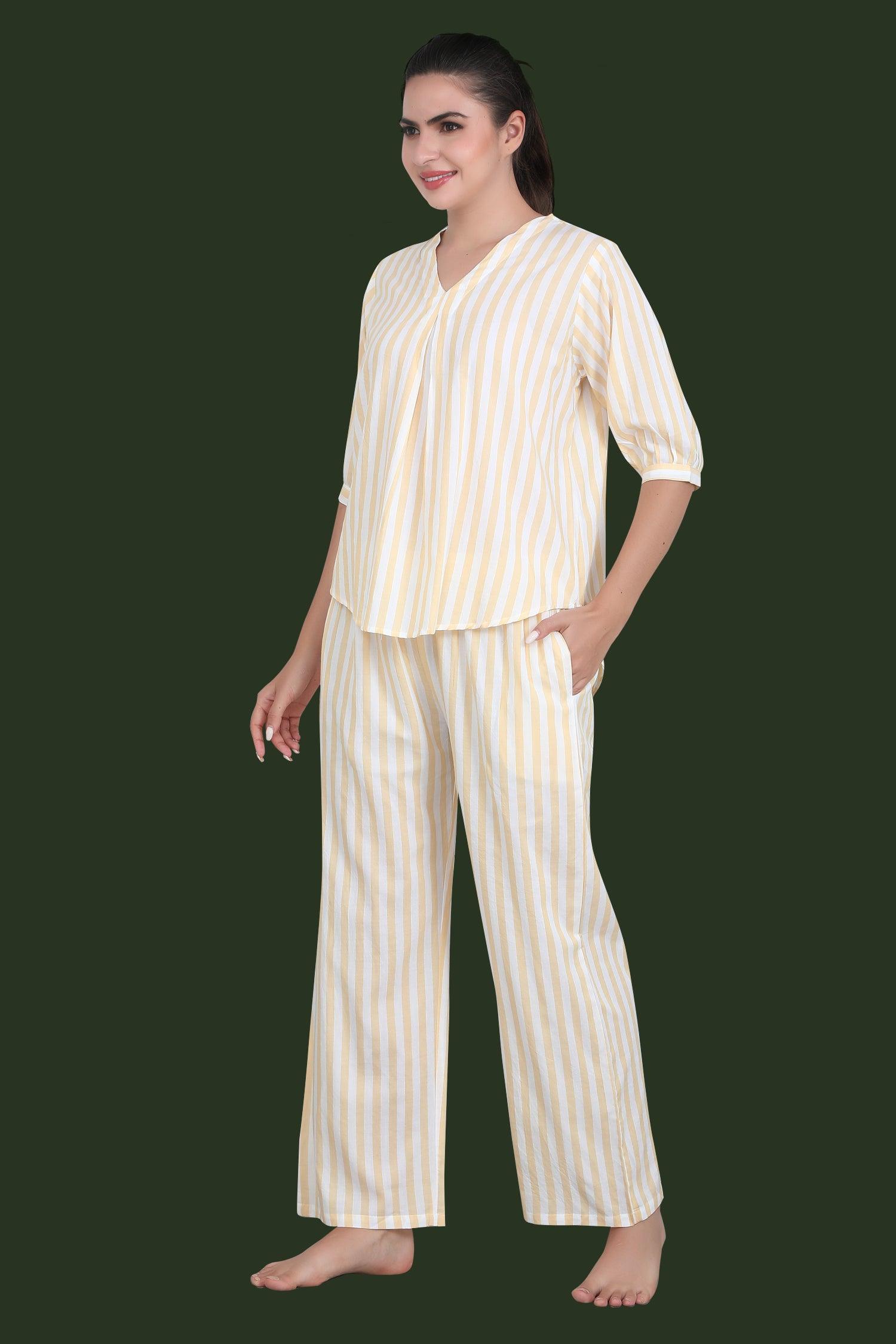 Velure Yellow Striped Casual Co-ord Set - Velure - Long Top and Pant - 3/4 Sleeves, Cotton, Full Length Pant, Stripes