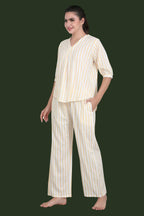 Velure Striped Casual Night Suit - Velure - - 3/4 Sleeves, Cotton, Full Length Pant, Stripes