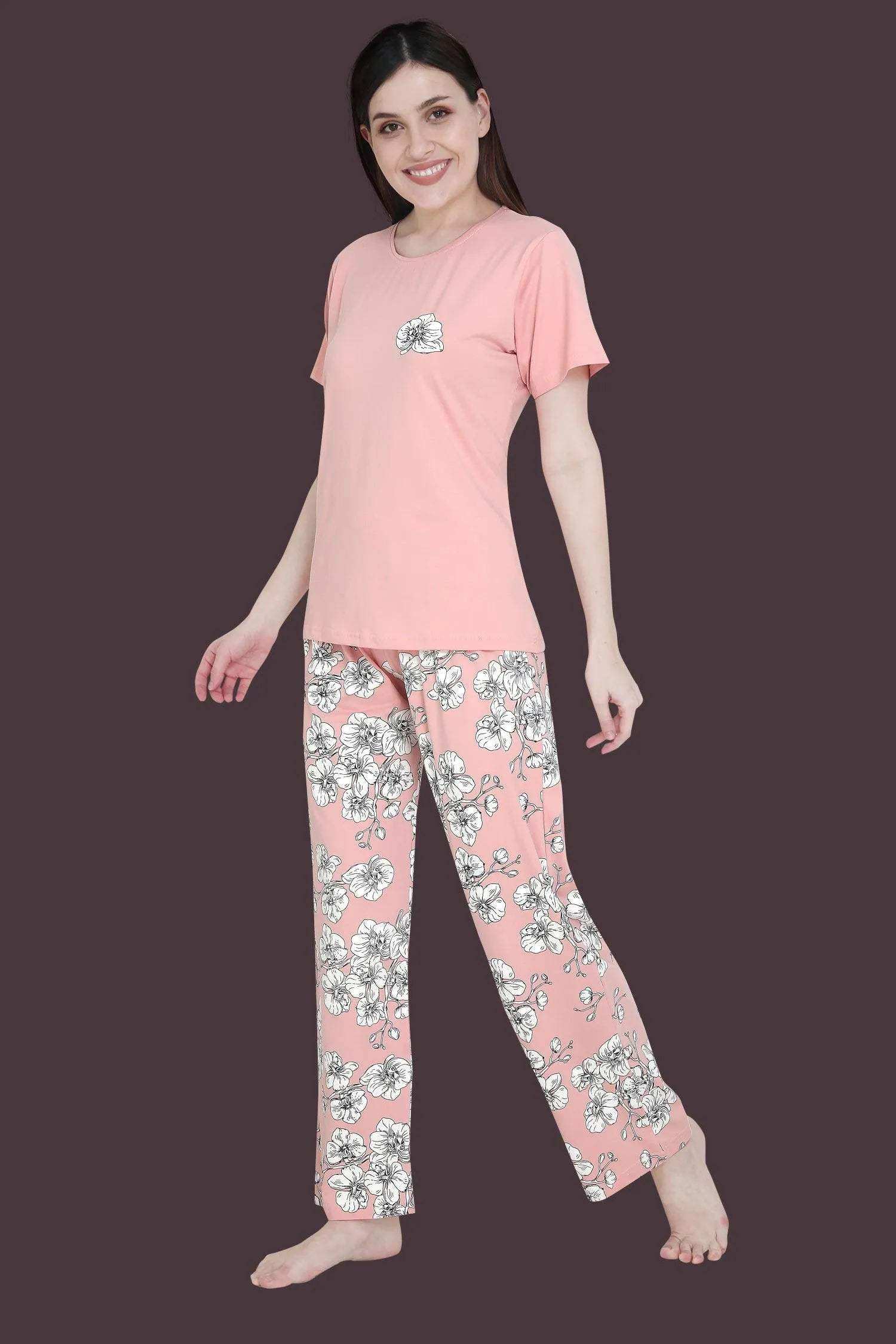 Velure Alluring Floral Print Pajama Set - Velure - - Cotton, Floral Print, Full Length Pant, Half Sleeves, Round neck nightsuit