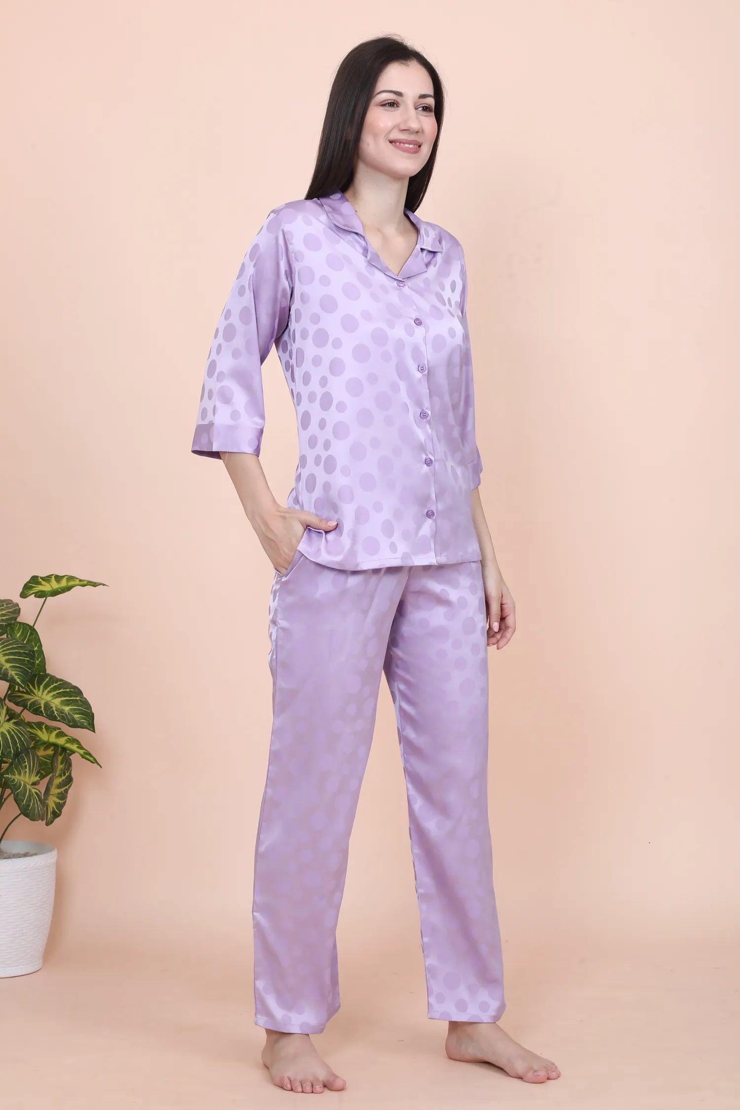 Velure Lavender Casual Polka Dot Satin Night Suit