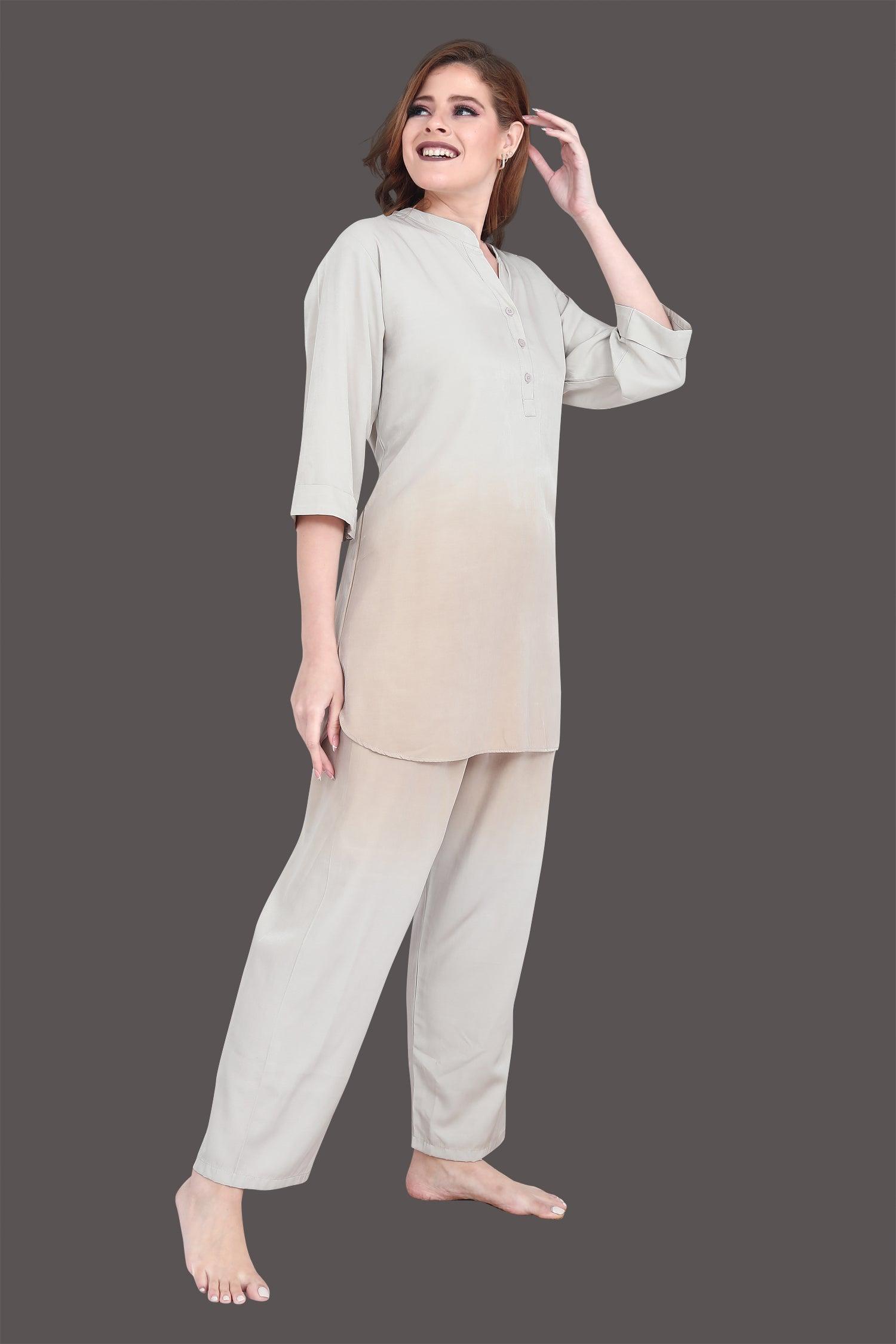 Velure Stunning Dual Shade Kurti Style Night Suit - Velure - Long Top and Pant - 3/4 Sleeves, Collar Neck, Cotton, Front Button Open, Full Length Pant