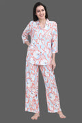 Velure Fusion Abstract Palazzo Co-ord Set - Velure - - 3/4 Sleeves, Collar Neck, Front Button Open, Full Length Pant, Linen