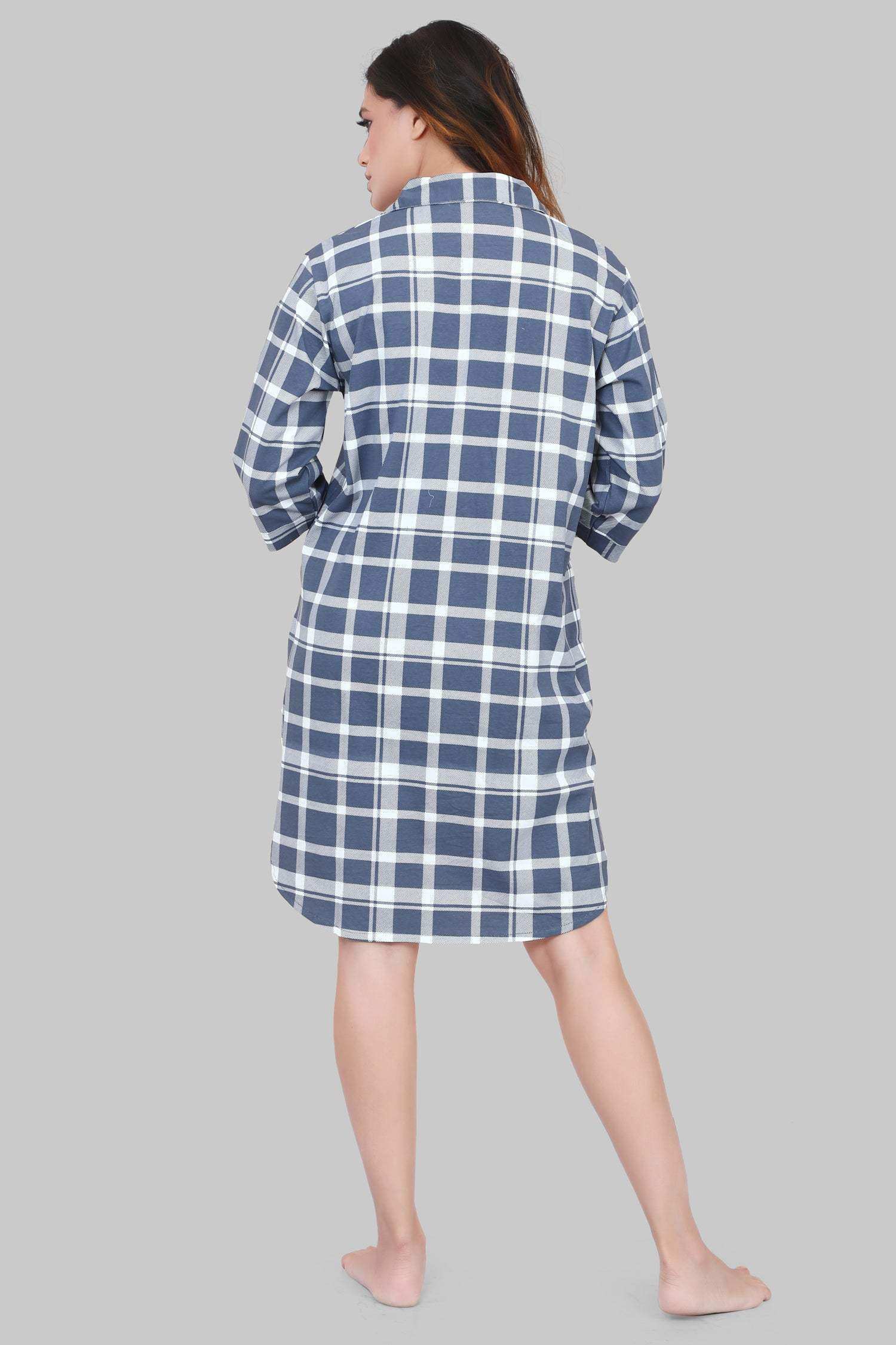 Velure Blue & White Checked Casual Short Night Shirt - Velure - - 3/4 Sleeves, Collar Neck, Cotton, Front Button Open