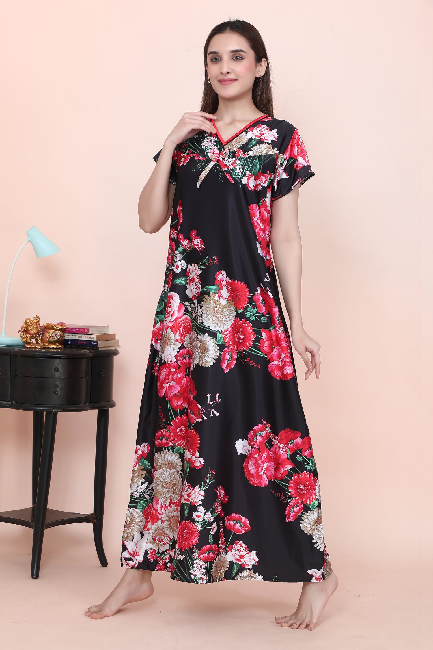 Velure Stunning Floral Print Satin Nighty - Velure - - Floral Print, Full Length Nighty, Half Sleeves Nighty