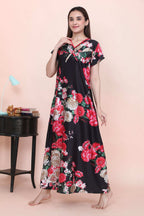 Velure Stunning Floral Print Satin Nighty - Velure - - Floral Print, Full Length Nighty, Half Sleeves Nighty