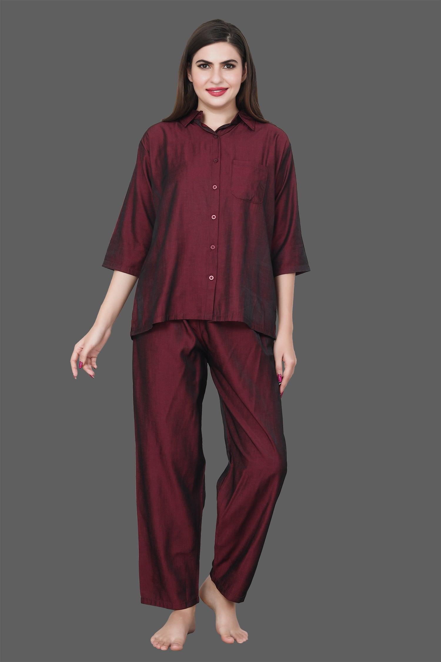 Velure Solid Maroon Casual Co-ord Set - Velure - Co-ord Sets - 3/4 Sleeves, Collar Neck, Cotton, Front Button Open, Full Length Pant