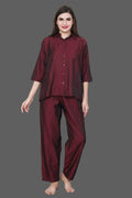 Velure Solid Maroon Casual Co-ord Set - Velure - - 3/4 Sleeves, Collar Neck, Cotton, Front Button Open, Full Length Pant