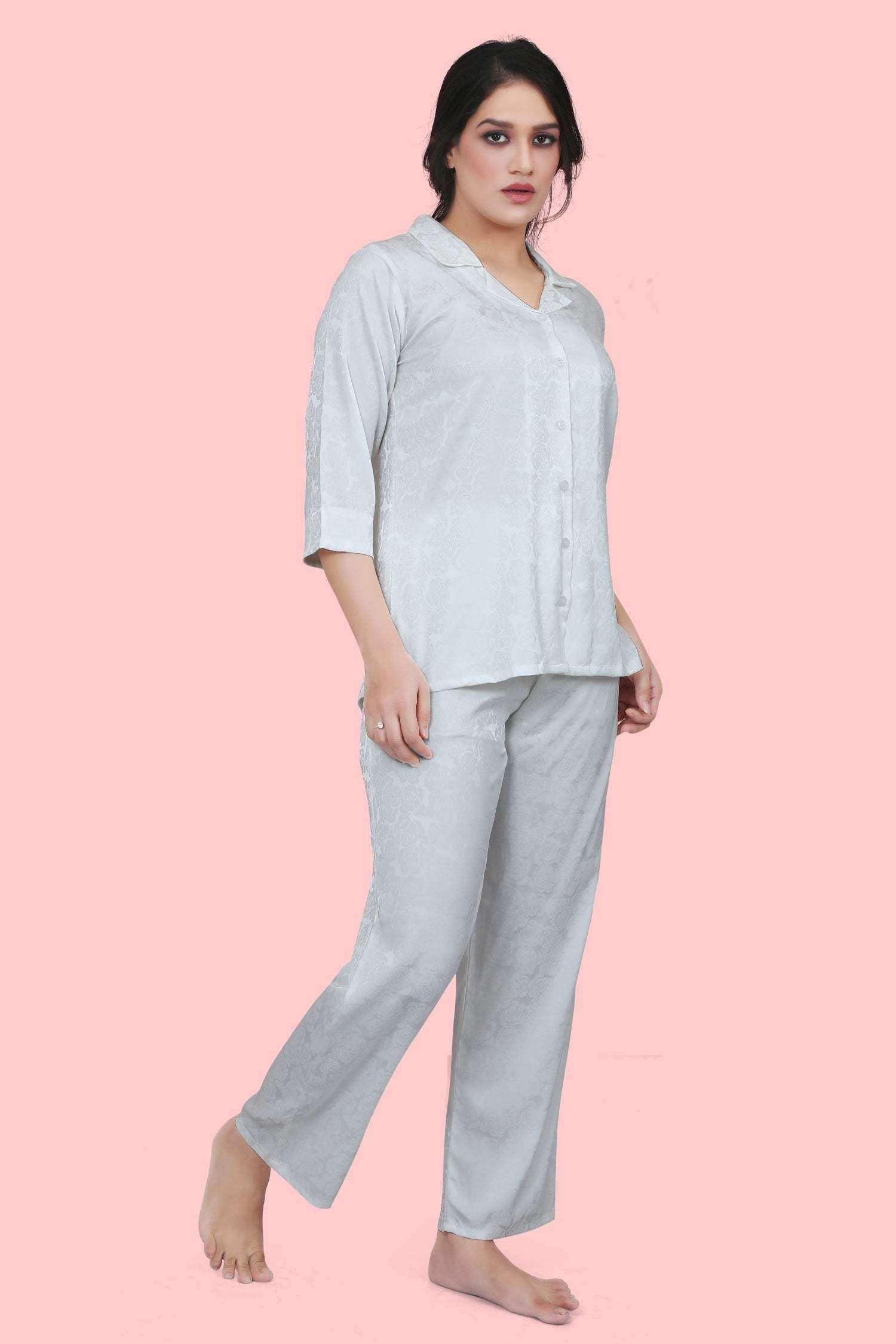 Velure Tunic Floral Print Satin Night Suit - Velure - - 3/4 Sleeves, Collar Neck, Front Button Open, Full Length Pant, Satin