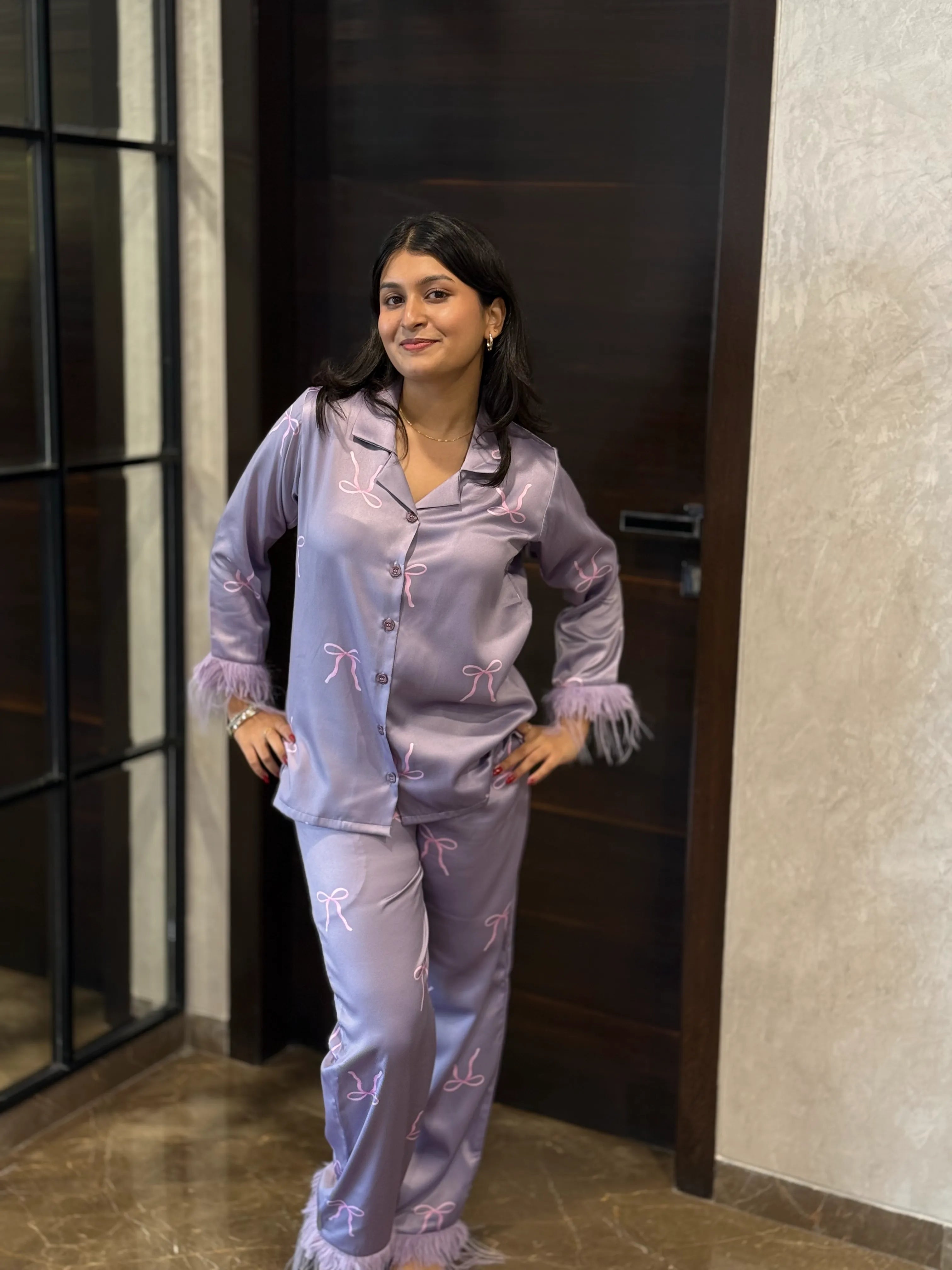 Velure Embellished Bow Fur Satin Sleepwear Set